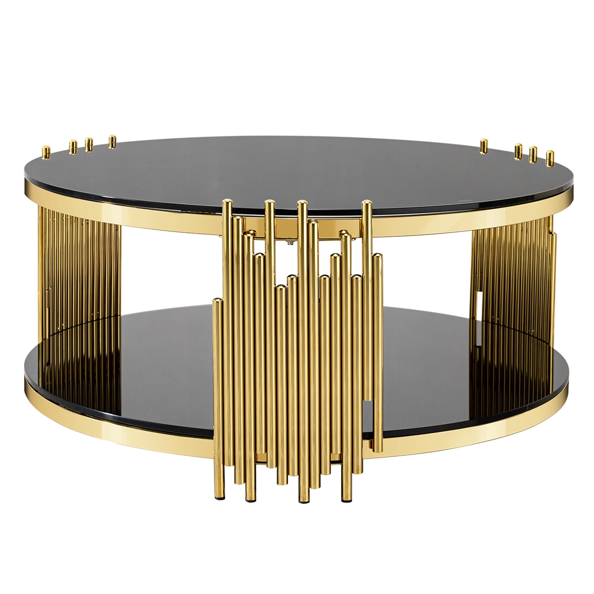 COUCHTISCH rund in Schwarz und Gold, Ø 80 cm, Doppelglas und Edelstahlgestell - Goldfarben, Metall (80/80/45cm) - Urban Meuble