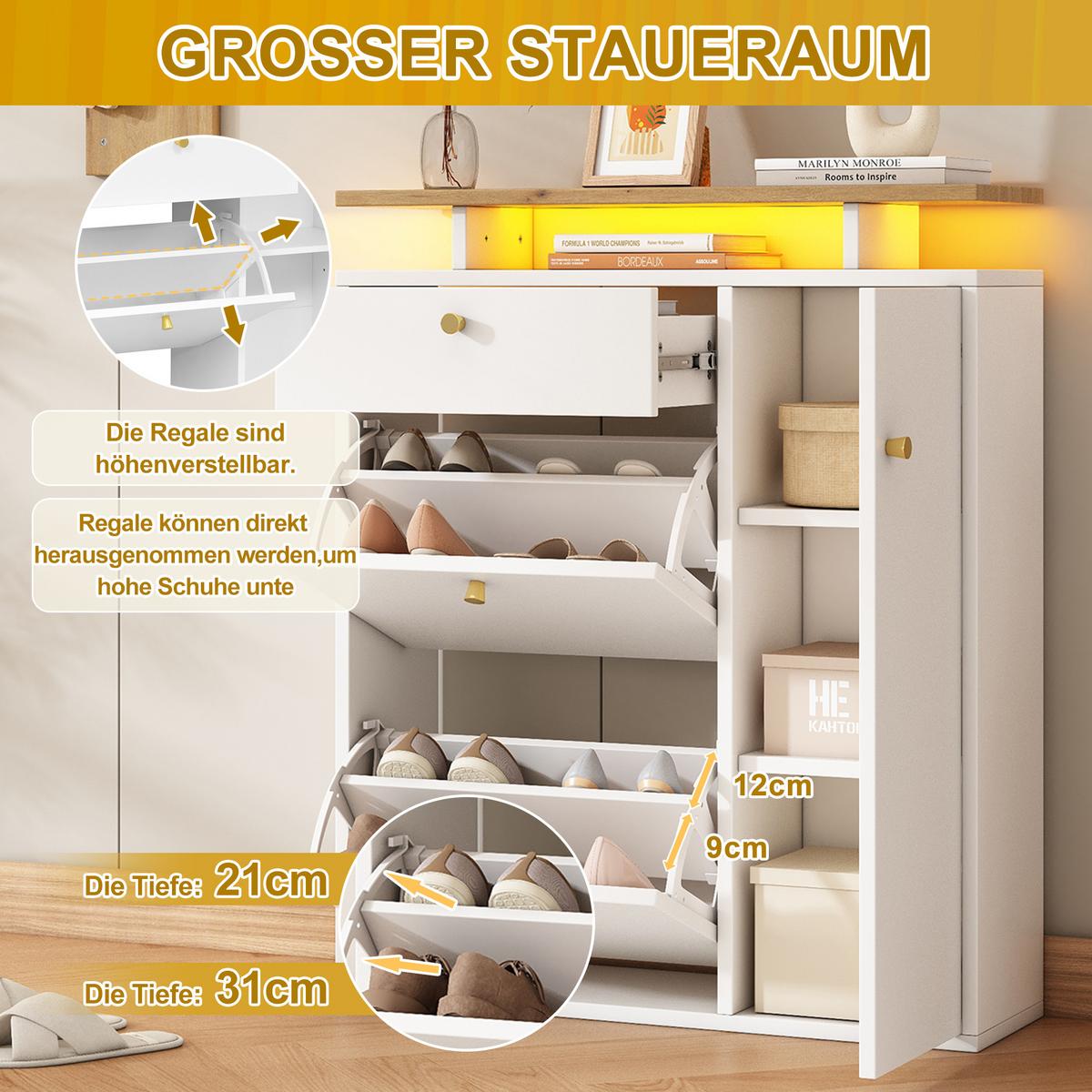 SCHUHSCHRANK set weiß led spiegel schuhschrank - Weiß, Holzwerkstoff (105/151.5/25cm) - Urban Meuble