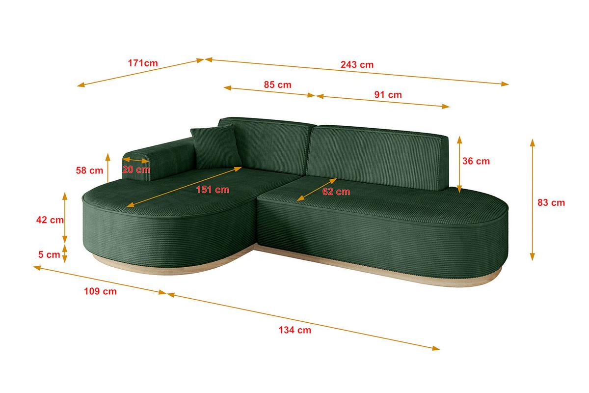 ECKSOFA Ottomane Links MARI-L1-v1 - 243x171x83 cm Grün Cord - Grün, Holzwerkstoff/Textil (243/171cm) - ALTDECOR