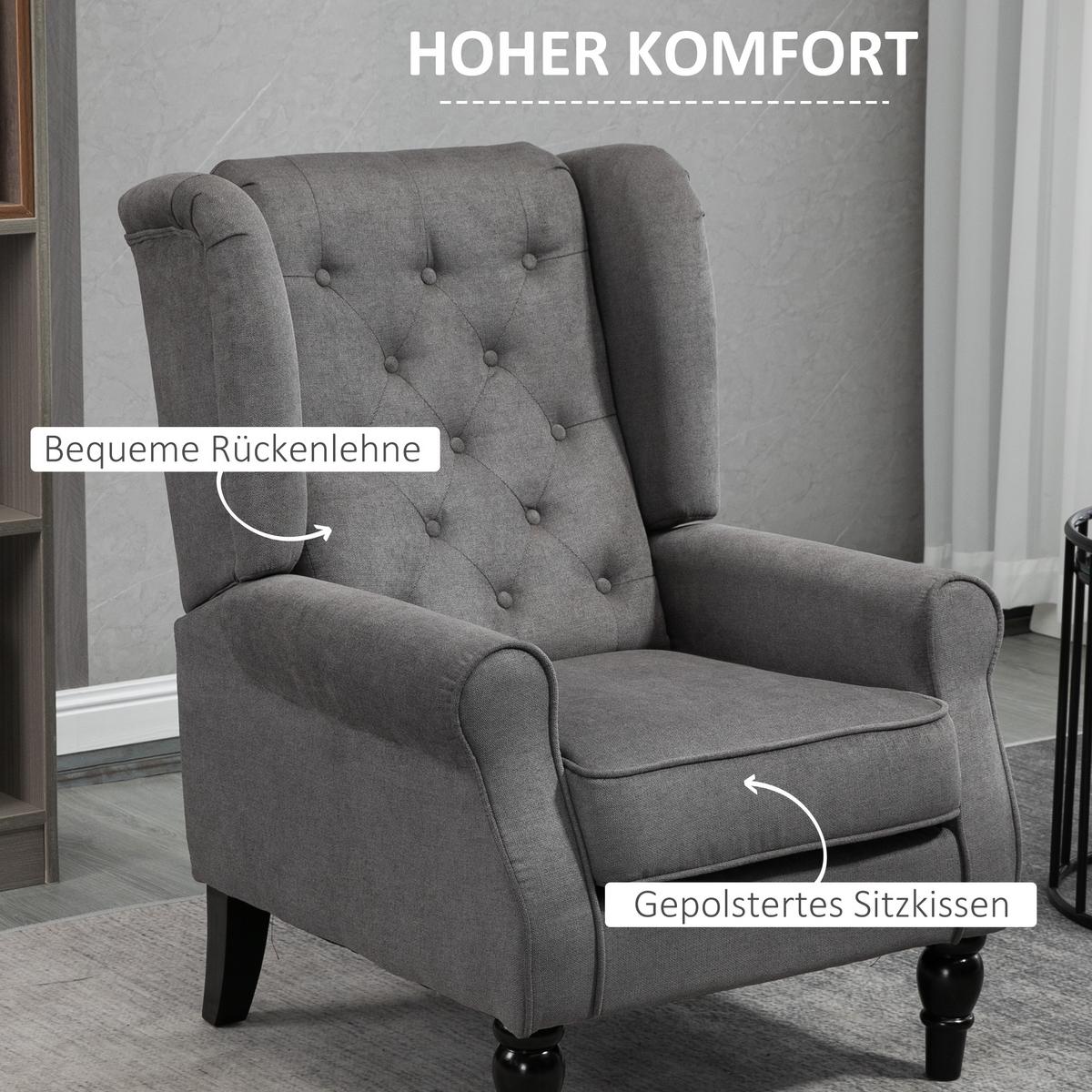 EINZELSESSEL mit Tufting Relaxsessel Einzelstuhl Holzfüße Polyester Dunkelgrau - Dunkelgrau/Schwarz, Holz/Textil (86/102/74cm) - HOMCOM