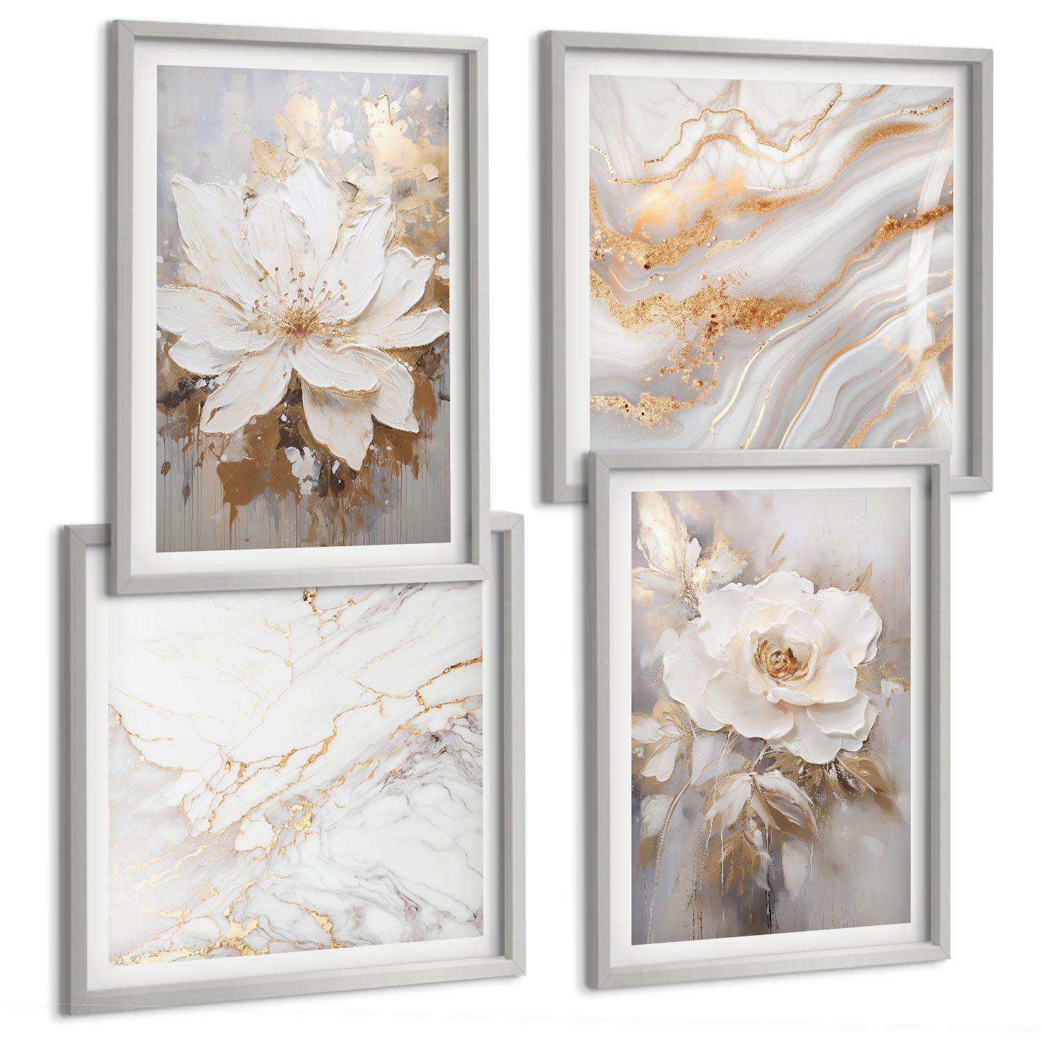 BILDER SET 4er Set - 50x50 cm & 40x60 cm Silberner Rahmen - Abstrakte Blumen aus Marmor - Silberfarben, Kunststoff (50/50cm) - TULUP