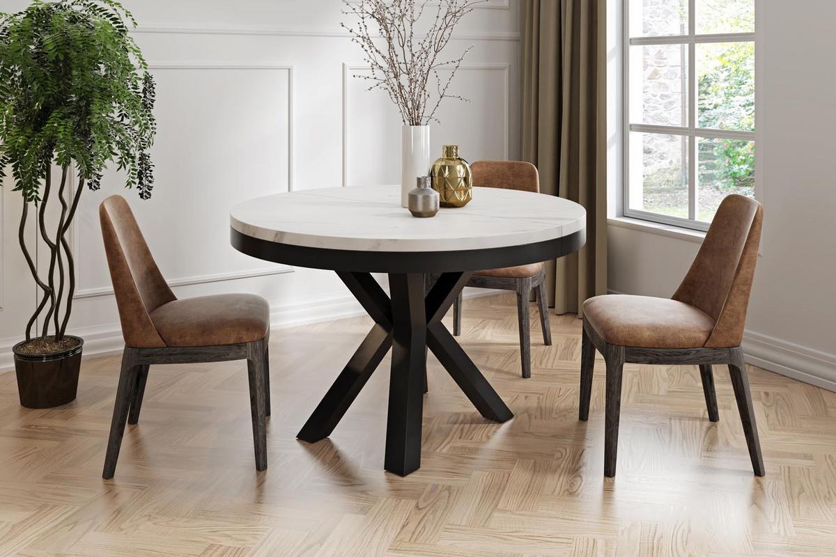 ESSTISCH Clara runder ausziehbarer, Marmor Weiß 100-180/100/76 cm - Ecru/Schwarz, Holzwerkstoff/Metall (180/100/76cm) - WFL GROUP