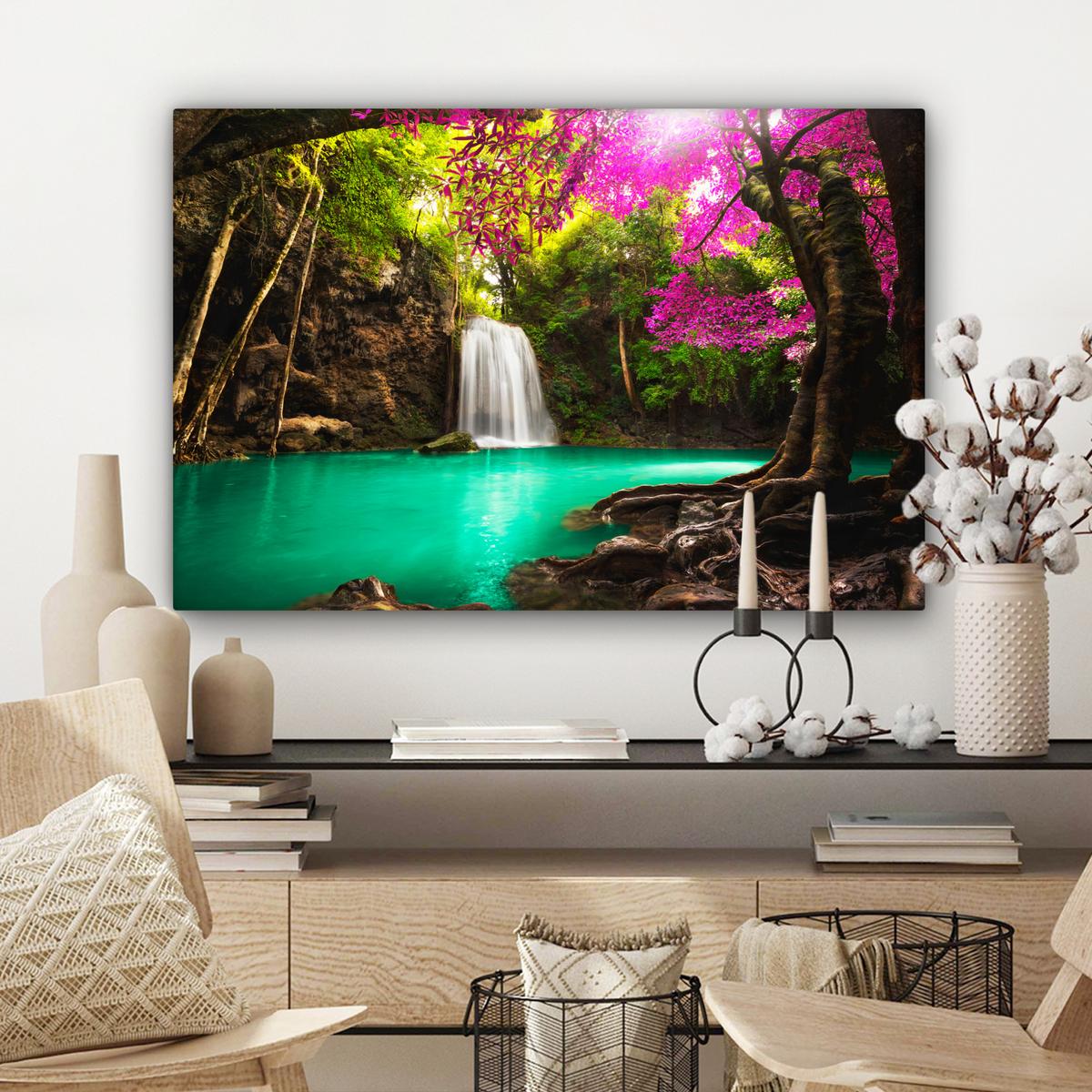 LEINWANDBILD Wasserfall mit bunten Blumen und Bäumen - Natur - Dschungel Gemälde 60x40 cm - Waldgrün, Textil (60/40cm) - MuchoWow