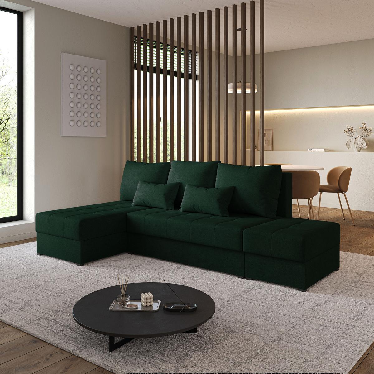 ECKSOFA NORVI Grün Geflochtener Stoff mit Schlaffunktion - Grün, Holz (251/143cm) - MASSENO