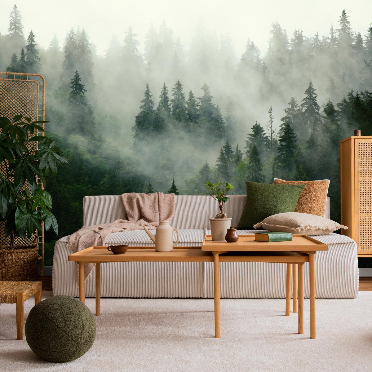 FOTOTAPETE Wald im Nebel Natur Landschaft 3D 200x140 - Grau/Grün, Papier (200/140cm) - Muralo