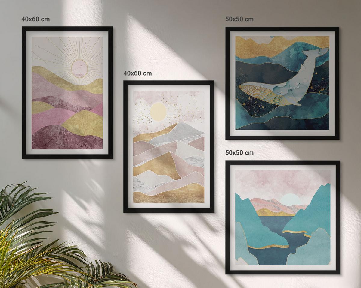 BILDER SET 4er Set - 50x50 cm & 40x60 cm Schwarzer Rahmen - Abstrakte Berge Sonne - Schwarz, Kunststoff (50/50cm) - TULUP