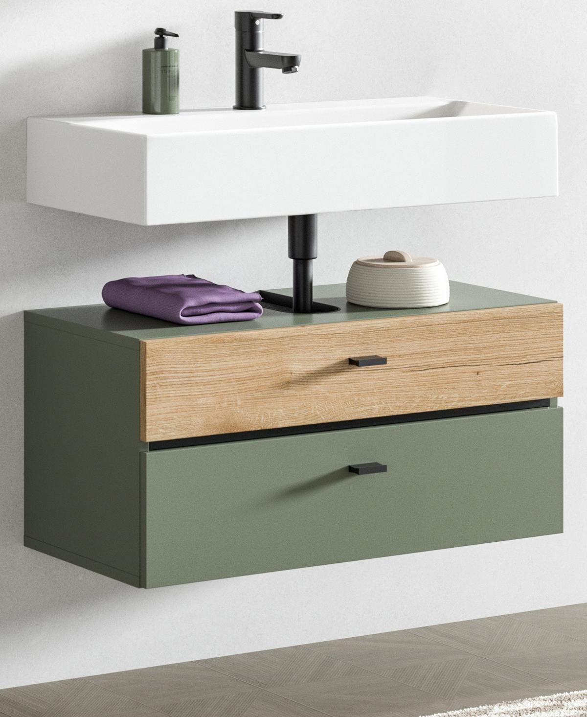 WASCHBECKENUNTERSCHRANK grün, Eiche Evoke 75 cm, Badschrank hängend - Eichefarben/Grün, Holzwerkstoff/Kunststoff (75/35/35cm) - Inn.Furn