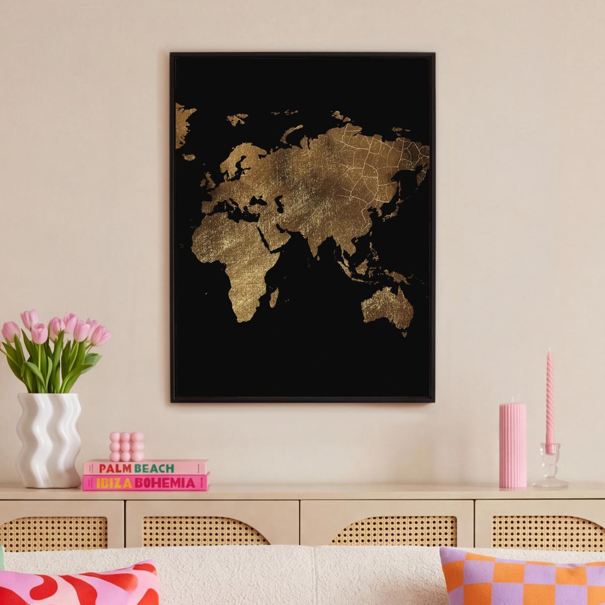 LEINWAND Bilder mit Rahmen - Weltkarte - Gold - Luxus - Erde - Schwarz - 70x100 - Goldfarben, Textil (70/100cm) - MuchoWow
