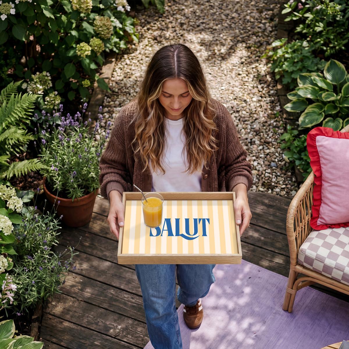 TABLETT Salut - Zitat - Streifen - Gelb - Blau - Weiß 50x35 cm - Beige, Holz (50/5/5cm) - OnlyWow