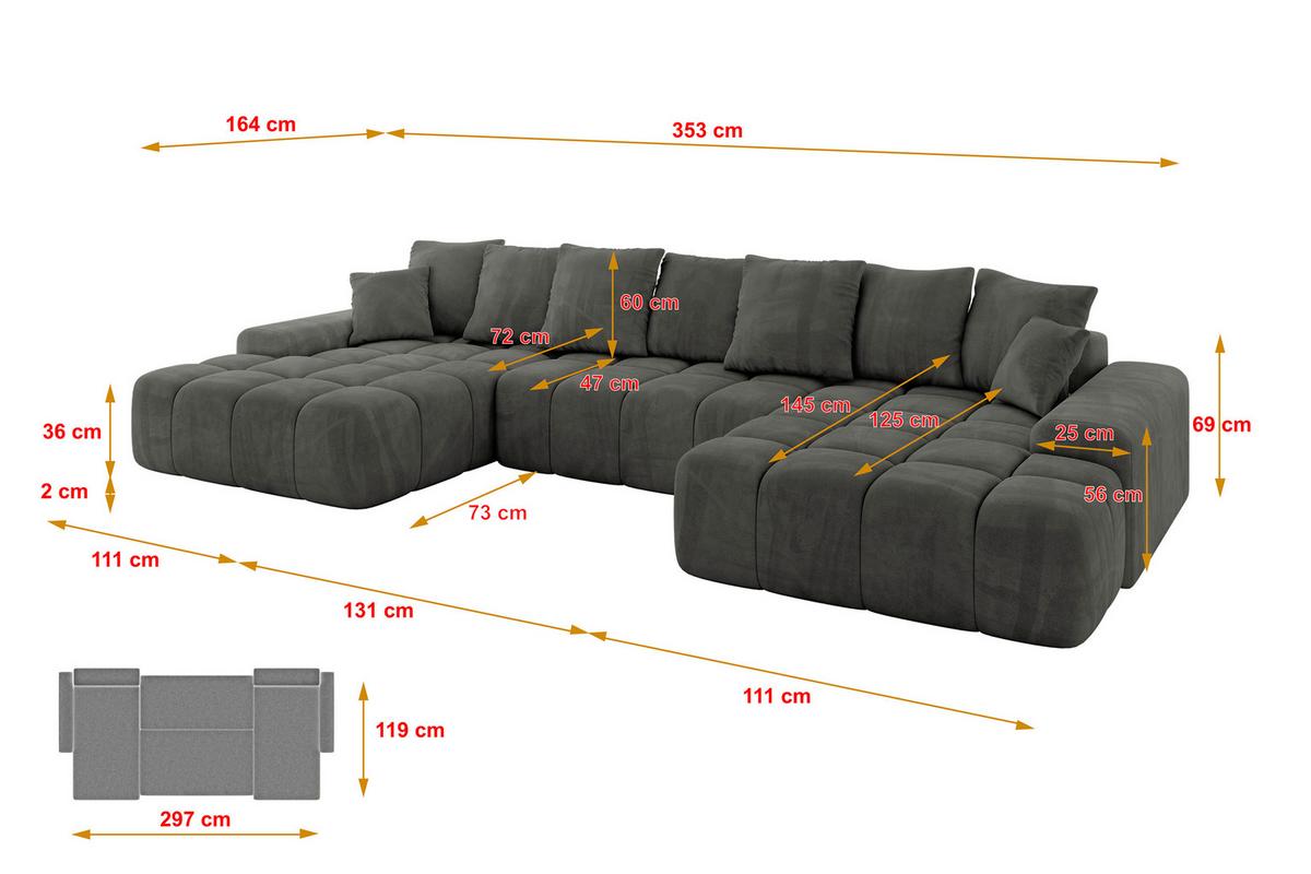 WOHNLANDSCHAFT ENSI-U - 353x164x69 cm Anthrazit - Anthrazit, Holzwerkstoff/Kunststoff (357/69/164cm) - ALTDECOR
