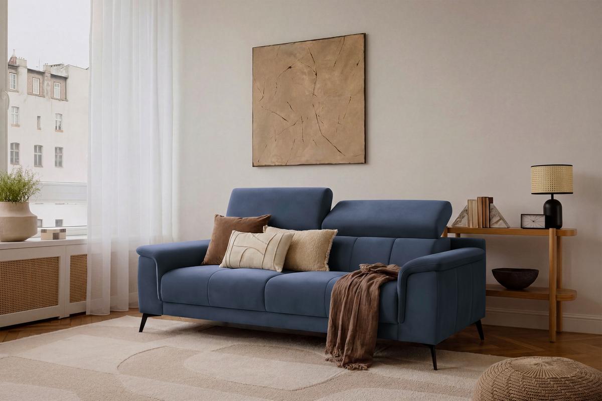 SOFA FIERO 3-Sitzer, Marineblauer Veloursstoff - Blau/Schwarz, Holz/Textil (212/82/103cm) - Courtois Laville