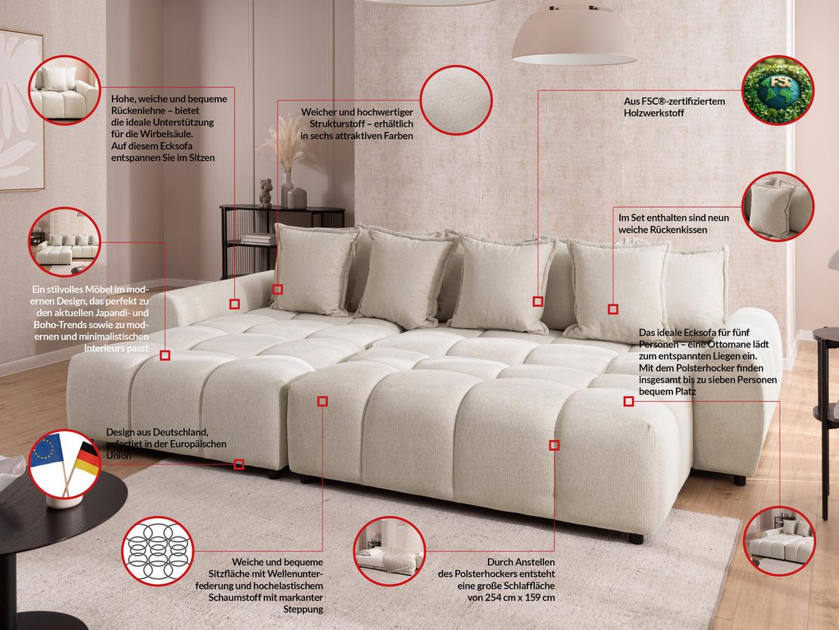 ECKSOFA inkl. Hocker Bubble mit Schlaffunktion und losen Rückenkissen, Sitzfläche in Bubble-Optik aus weichem Hellbeige Strukturstoff - Ottomane Links - Beige/Schwarz, Holz/Kunststoff (180/306cm) - S-Style Möbel