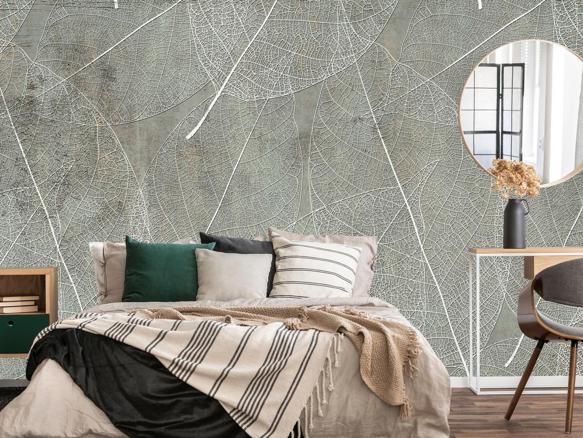 FOTOTAPETE für Schlafzimmer Weiße Blätter auf Beton 100x70 - Weiß/Grau, Papier (100/70cm) - Muralo