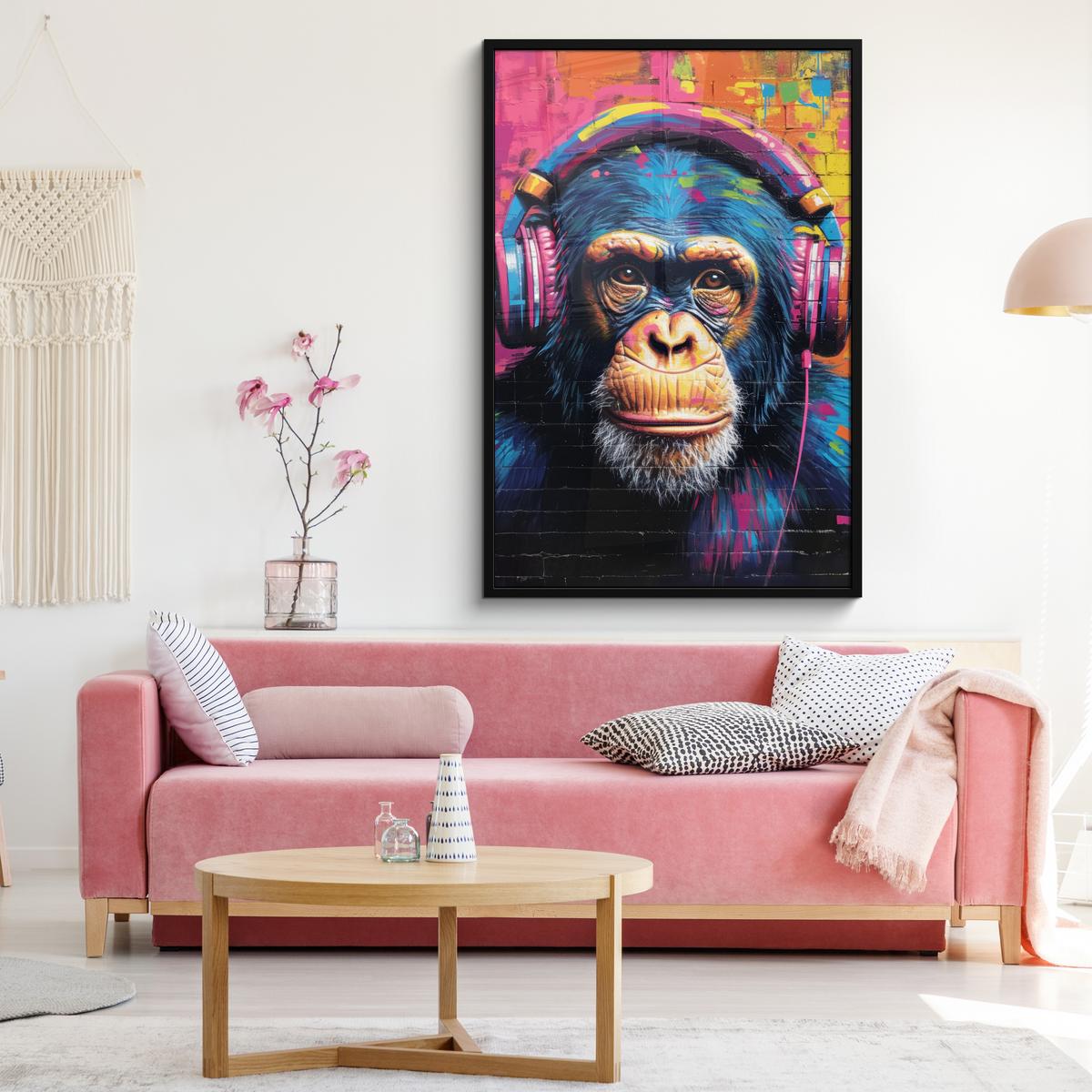 POSTER MIT RAHMEN Graffiti - Schimpanse - Straßenkunst - Kopfhörer - Affe Bilderleiste 80x120 cm - Blau, Papier (80/120cm) - MuchoWow