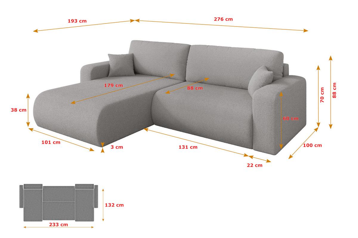 ECKSOFA mit Schlaffunktion Ottomane Links BERY-L 276x193x88 Hellgrau Bouclé - Silberfarben/Hellgrau, Holzwerkstoff/Kunststoff (276/193cm) - ALTDECOR