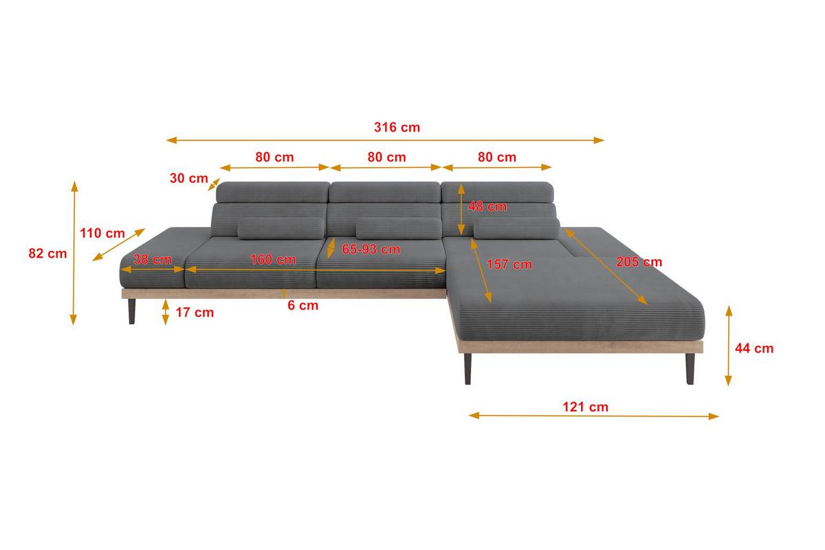 ELEKTRISCHES ECKSOFA Rechts MONA 316x205x85 Dunkelgrau Cord - Dunkelgrau, Holzwerkstoff/Textil (316/205cm) - ALTDECOR