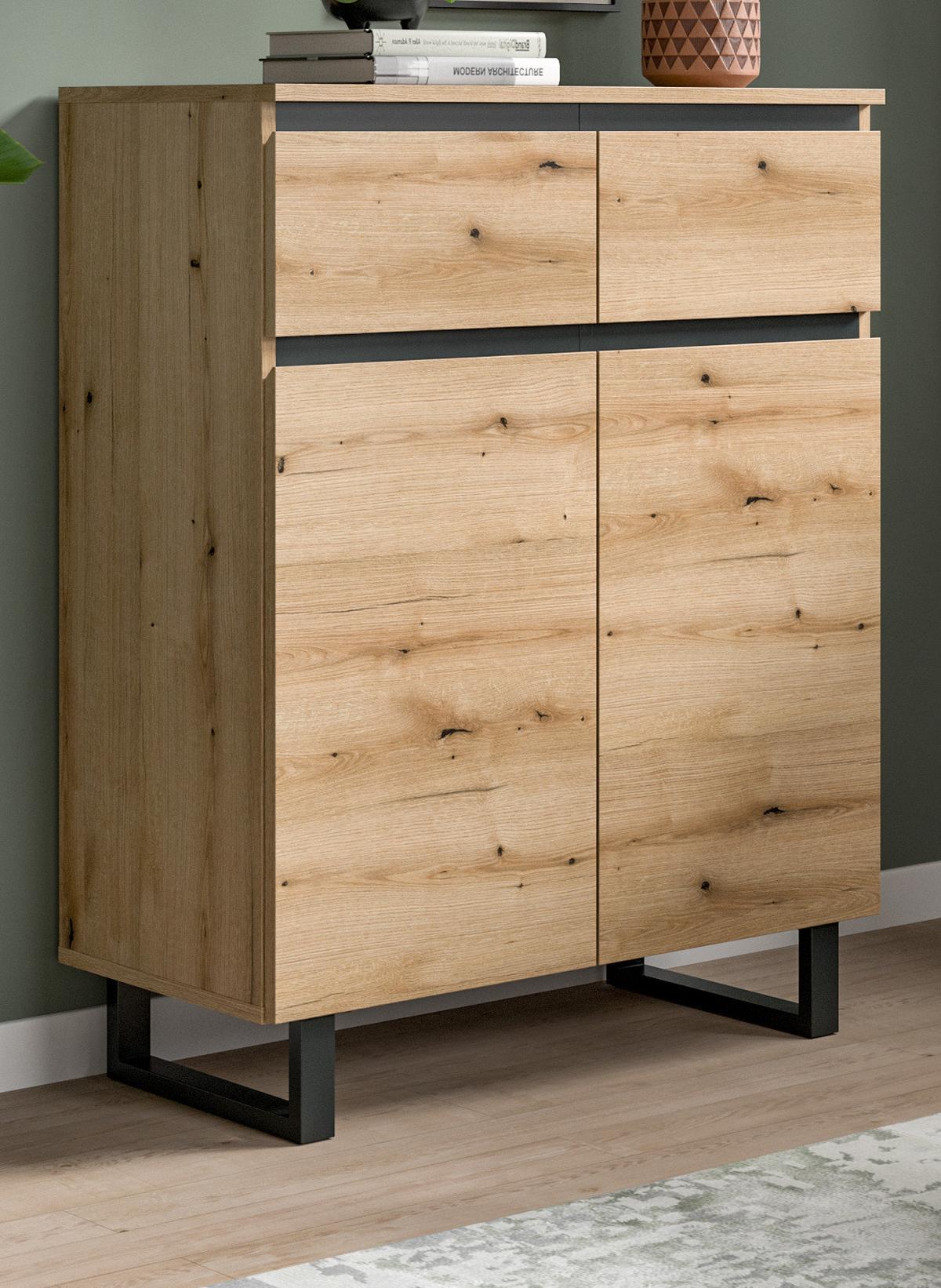 KOMMODE Evoke Eiche, schwarz, Highboard 80 x 99 cm mit Vollauszug und Soft-Close - Eichefarben/Schwarz, Holzwerkstoff/Metall (80/99/36cm) - Inn.Furn