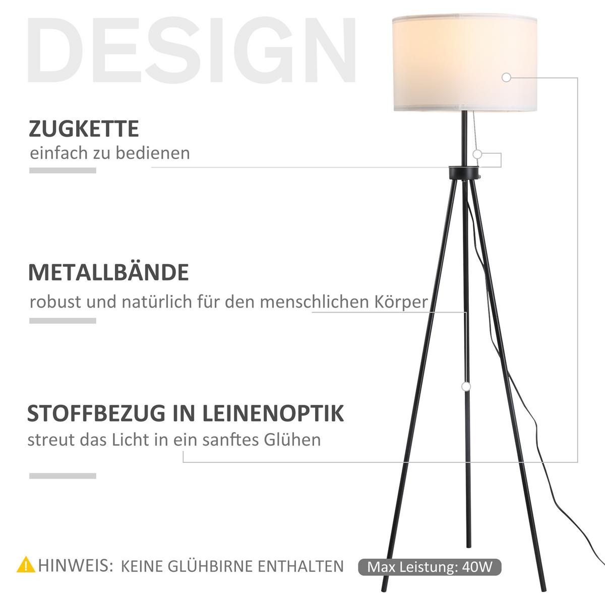 STEHLAMPE Stehleuchte Standleuchte E27 Stahl 37x37x152cm (Schwarz+Weiß) - Multicolor, Metall (37/152/152cm) - HOMCOM