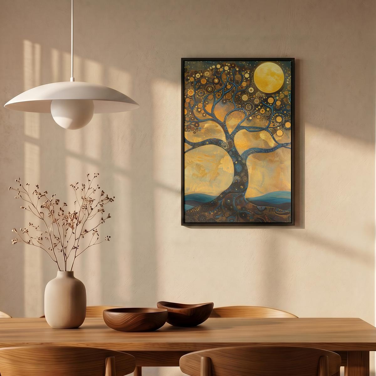 LEINWAND Bilder mit Rahmen - Baum - Mond - Blumen - Gold - Kunst - 40x60 - Orange, Textil (40/60cm) - MuchoWow