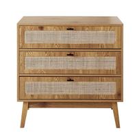 KOMMODE mit 3 Schubladen, Rattanfronten und Holzfüßen 80/39/79 cm - Eschefarben, Holzwerkstoff (80/79/45cm) - Calicosy