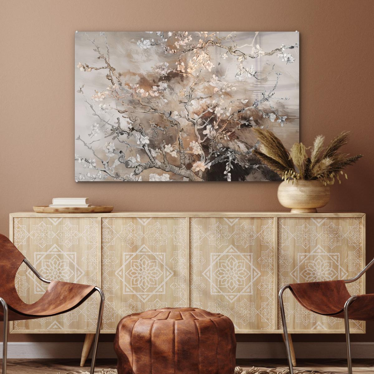 ACRYLGLASBILD Mandelblüte - Kunst - Van Gogh - Beige - Abstrakt Wandbild Schlafzimmer 120x80 cm - Braun, Glas (120/80cm) - MuchoWow