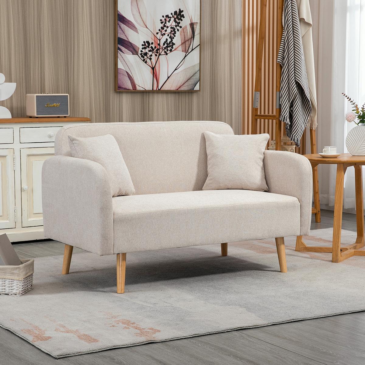 2 Sitzer Sofa, Couch mit 2 Wurfkissen, gepolsterter Doppelsofa mit Samtopik - Creme, Holz (70/80/130cm) - HOMCOM