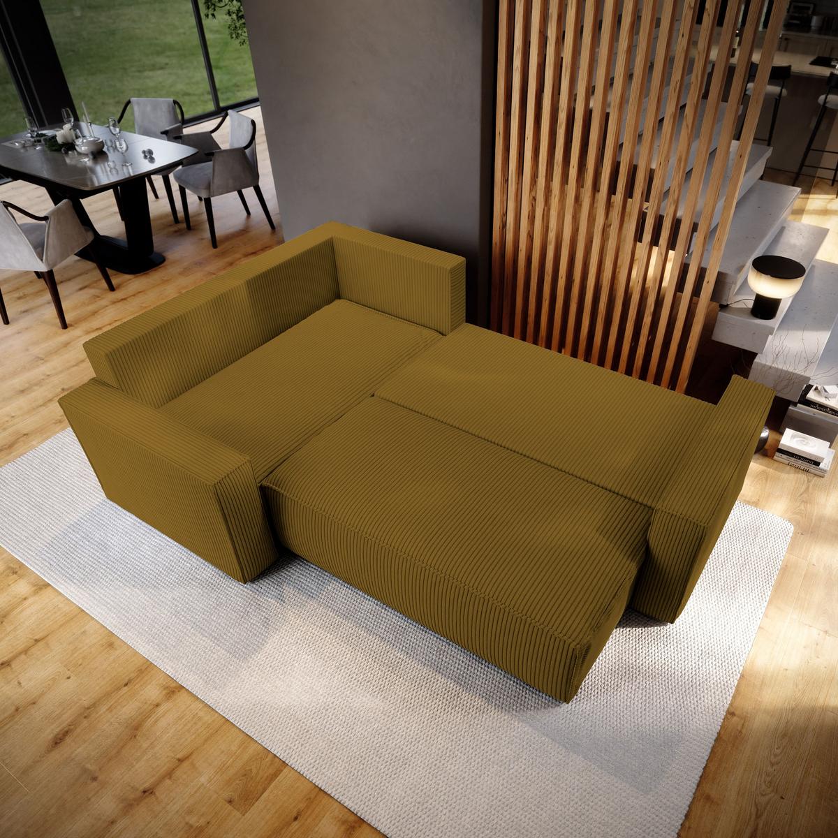 ECKSOFA ESTANO L-S Gelb Kordstoff mit Schlaffunktion - Gelb, Holz (230/158cm) - MASSENO