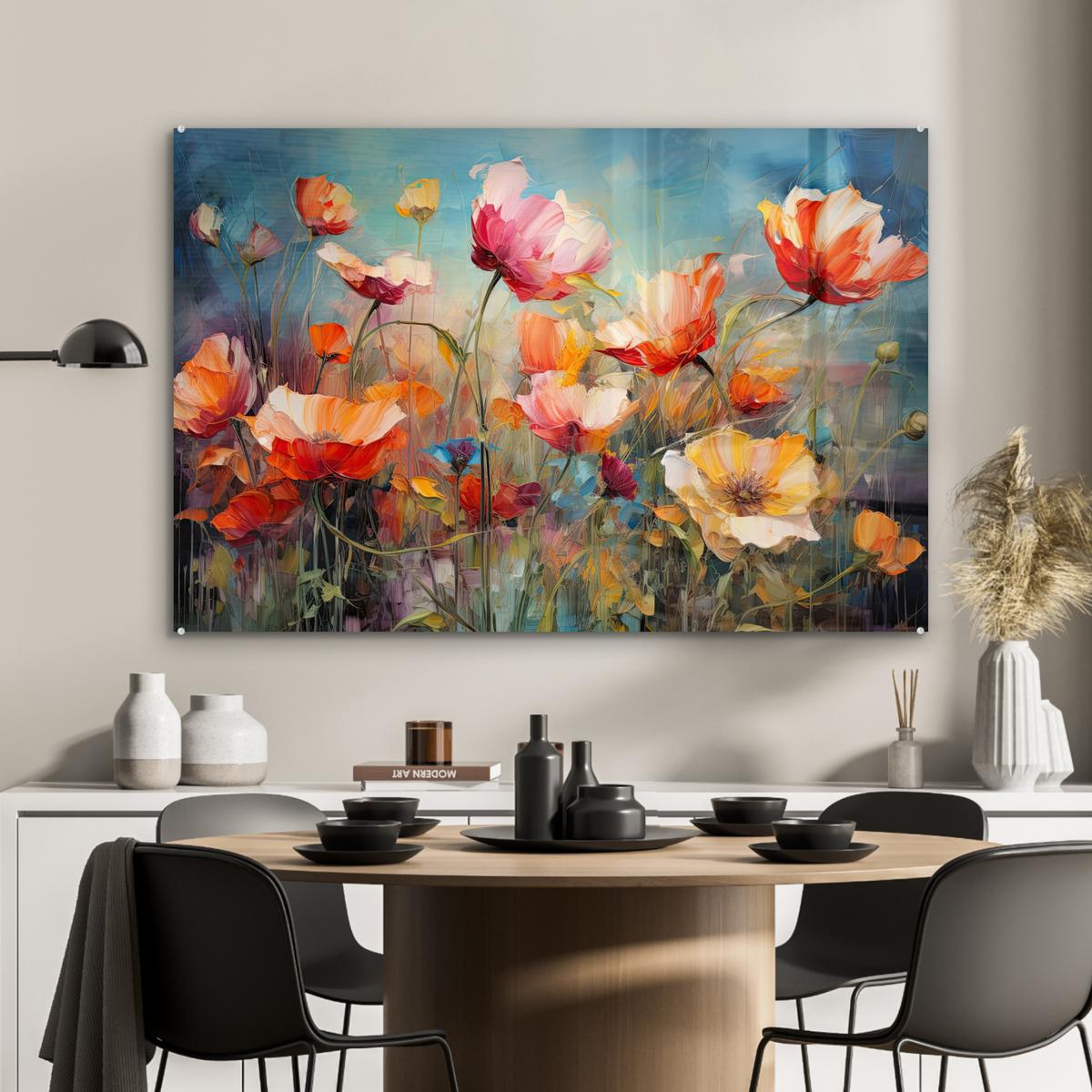 ACRYLGLASBILD Blumen - Aquarell - Kunst - Botanisch - Natur Wandbild Schlafzimmer 120x80 cm - Orange, Glas (120/80cm) - MuchoWow