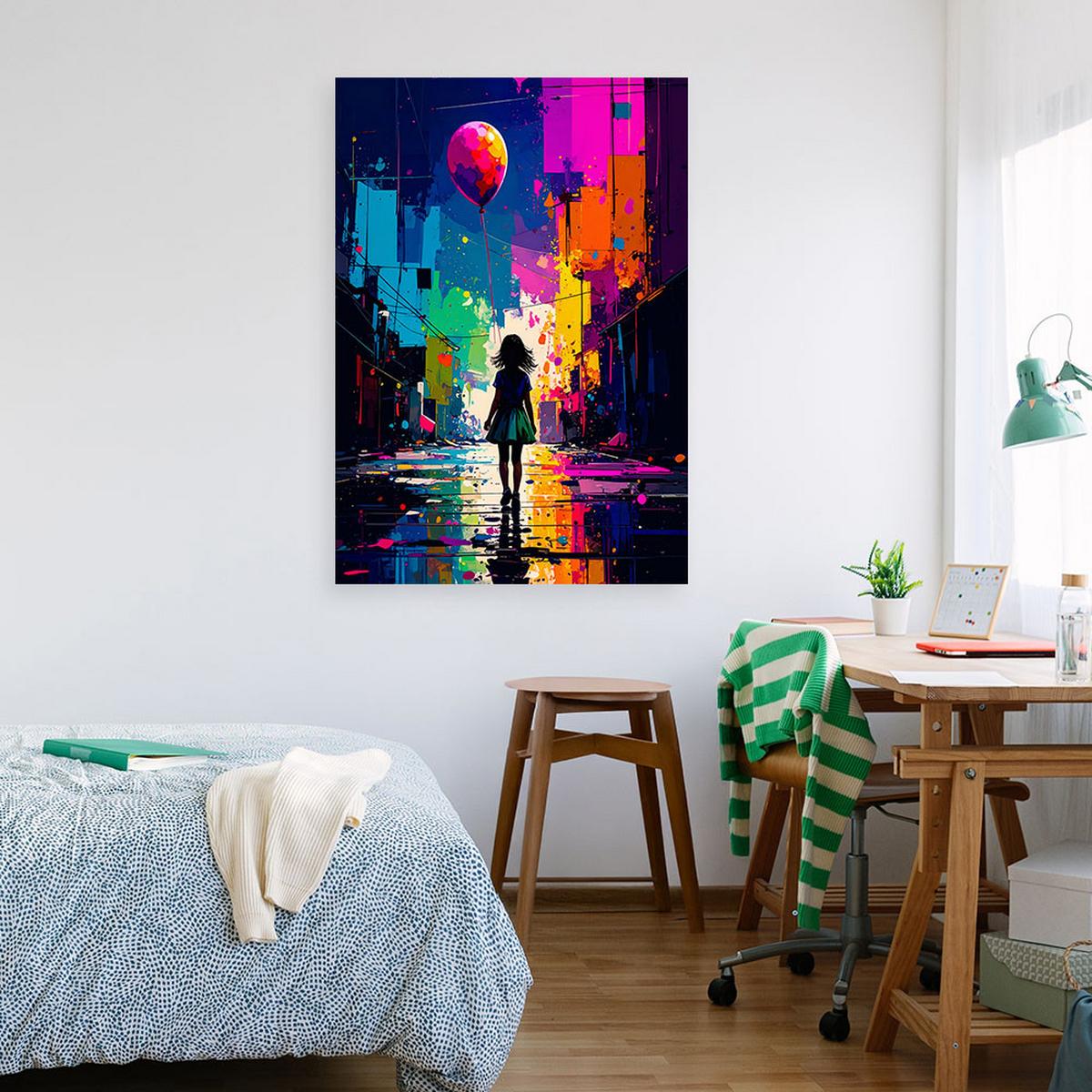 LEINWANDBILD Mädchen mit Ballon Street Art 70x100cm - Multicolor, Textil (70/100cm) - Feeby