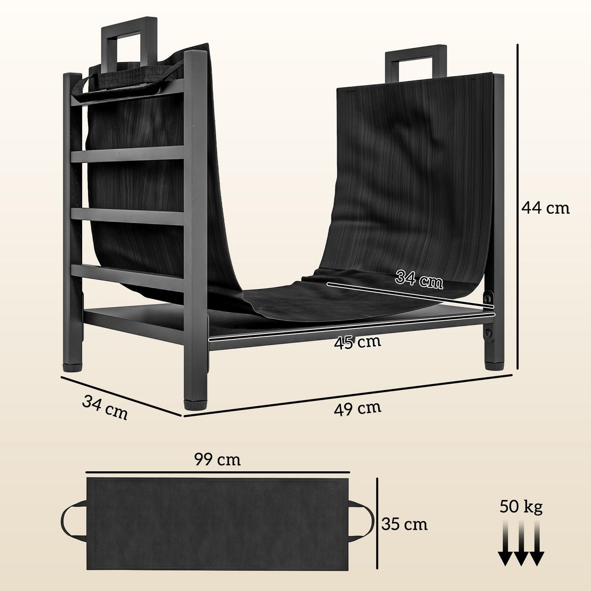 KAMINHOLZREGAL bis 50 kg - Schwarz, Metall (34/44/49cm) - Outsunny