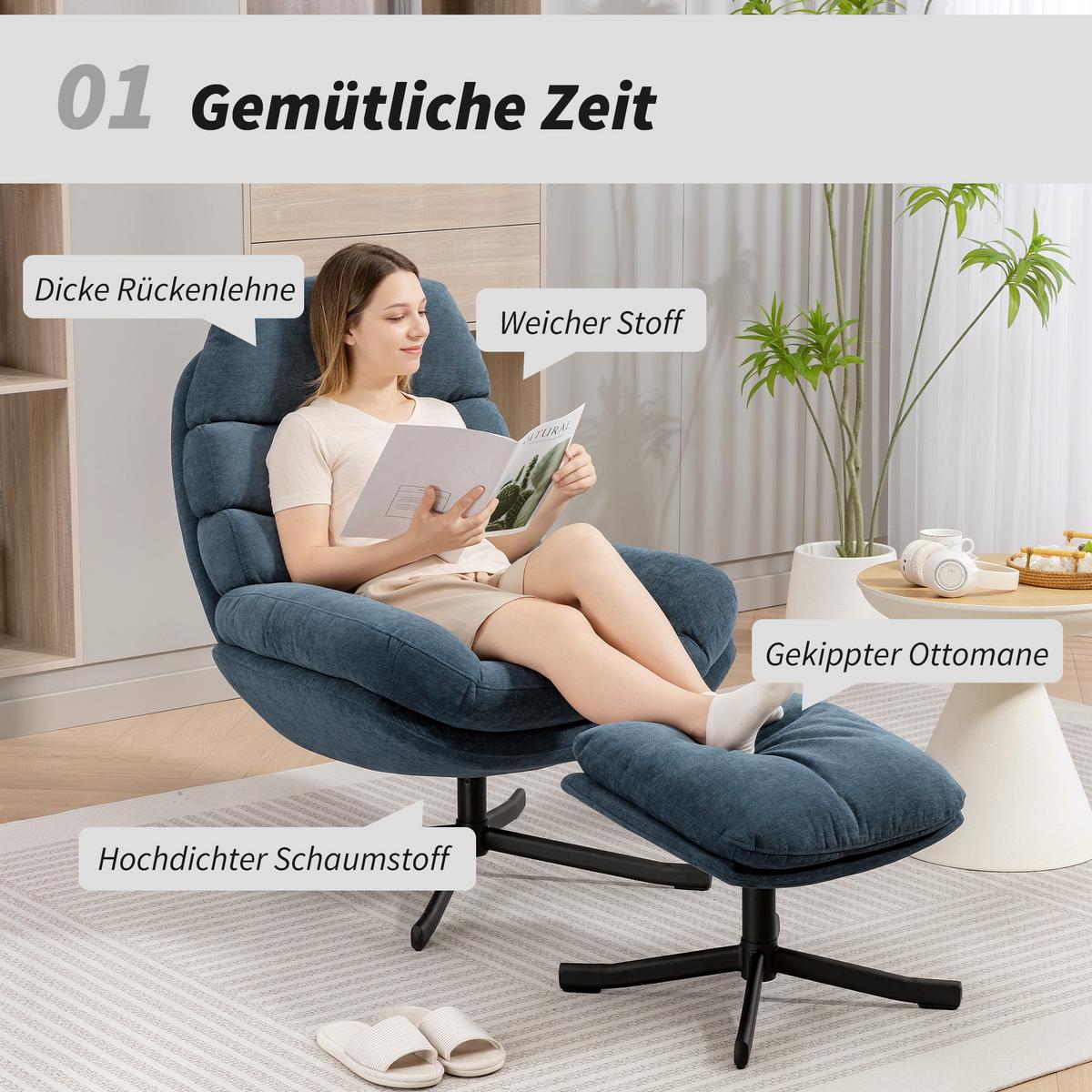RELAXSESSEL mit Hocker Sessel Loungesessel mit Chenille-Stoff Fernsehsessel Blau - Blau/Schwarz, Textil/Metall (78/100/93cm) - HOMCOM