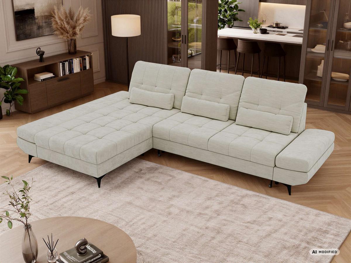 ECKSOFA ALVENO L - Creme Schenille glatt - Links Seite - Creme/Schwarz, Textil/Metall (218/344cm) - MKS