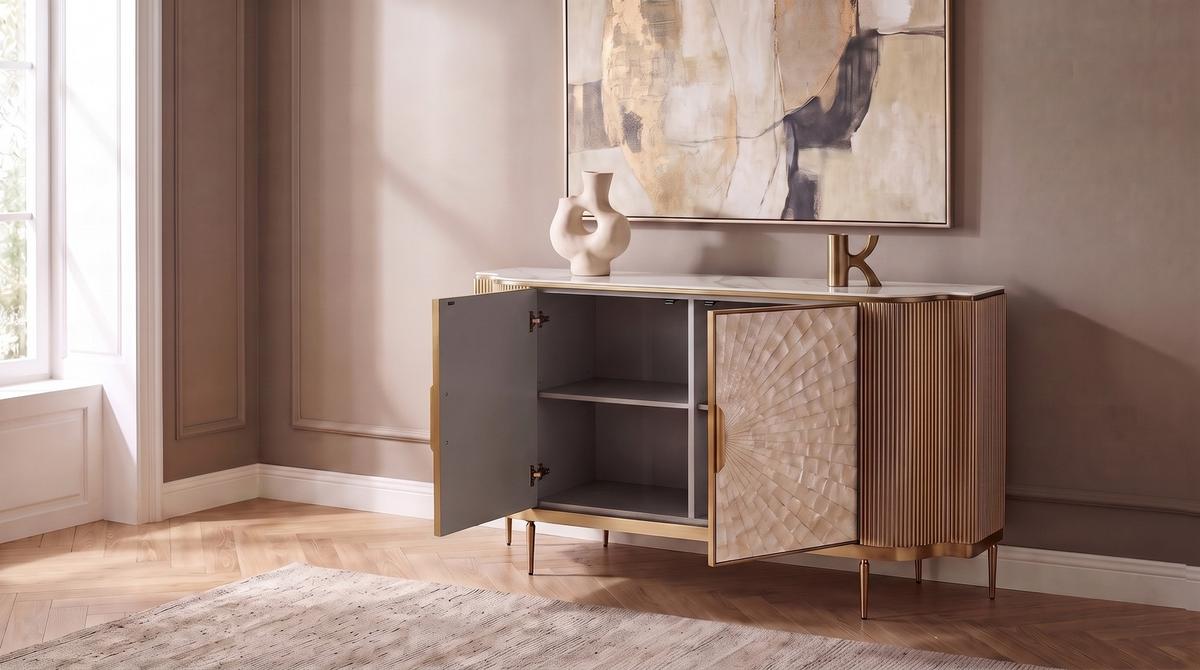 SIDEBOARD LEOLA Cremeweiß Holz - Goldfarben/Creme, Holz/Metall (180/200cm) - KAWOLA