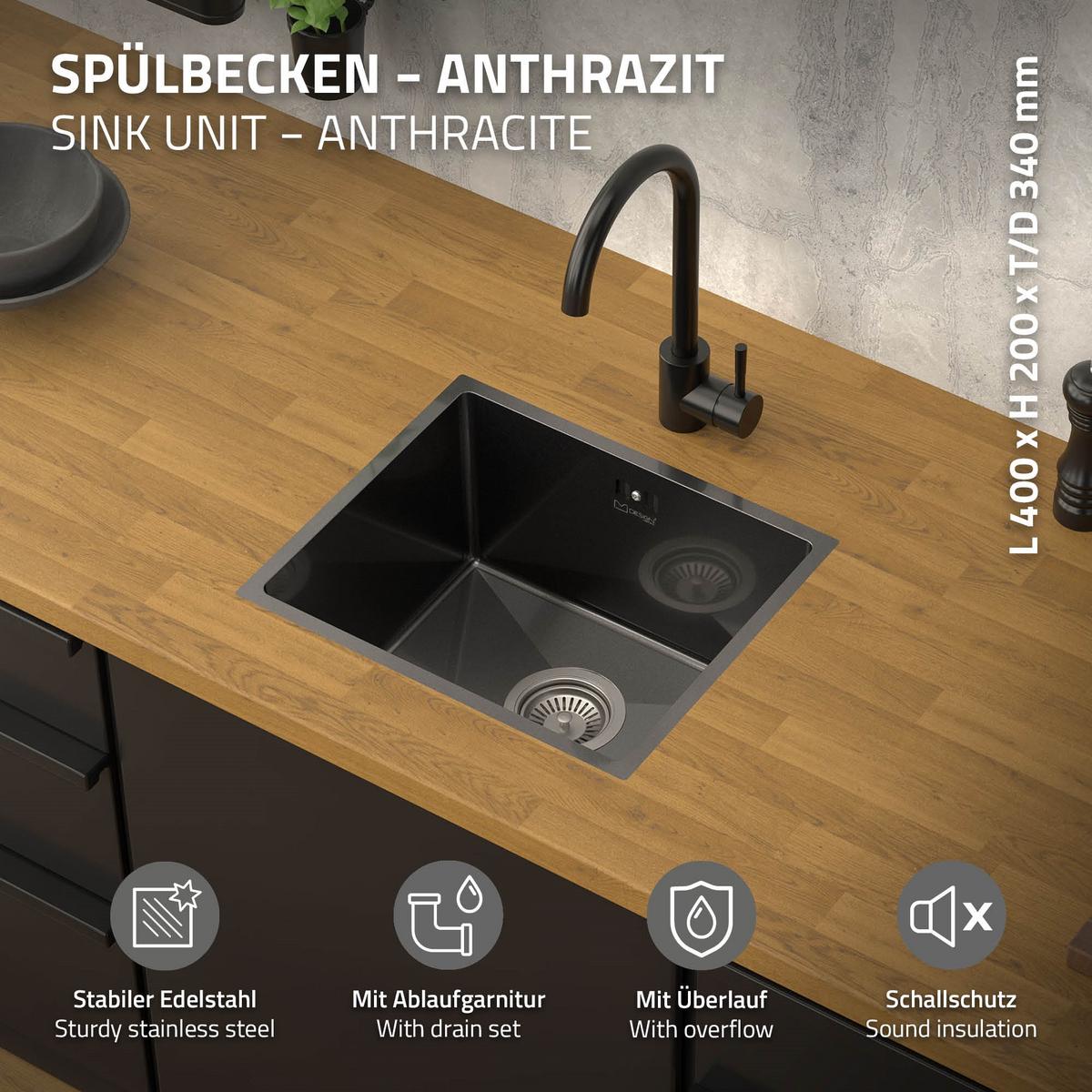 SPÜLBECKEN aus Edelstahl 34x40 cm Anthrazit mit Siphon - Anthrazit, Metall (40/20/34cm) - ML-DESIGN