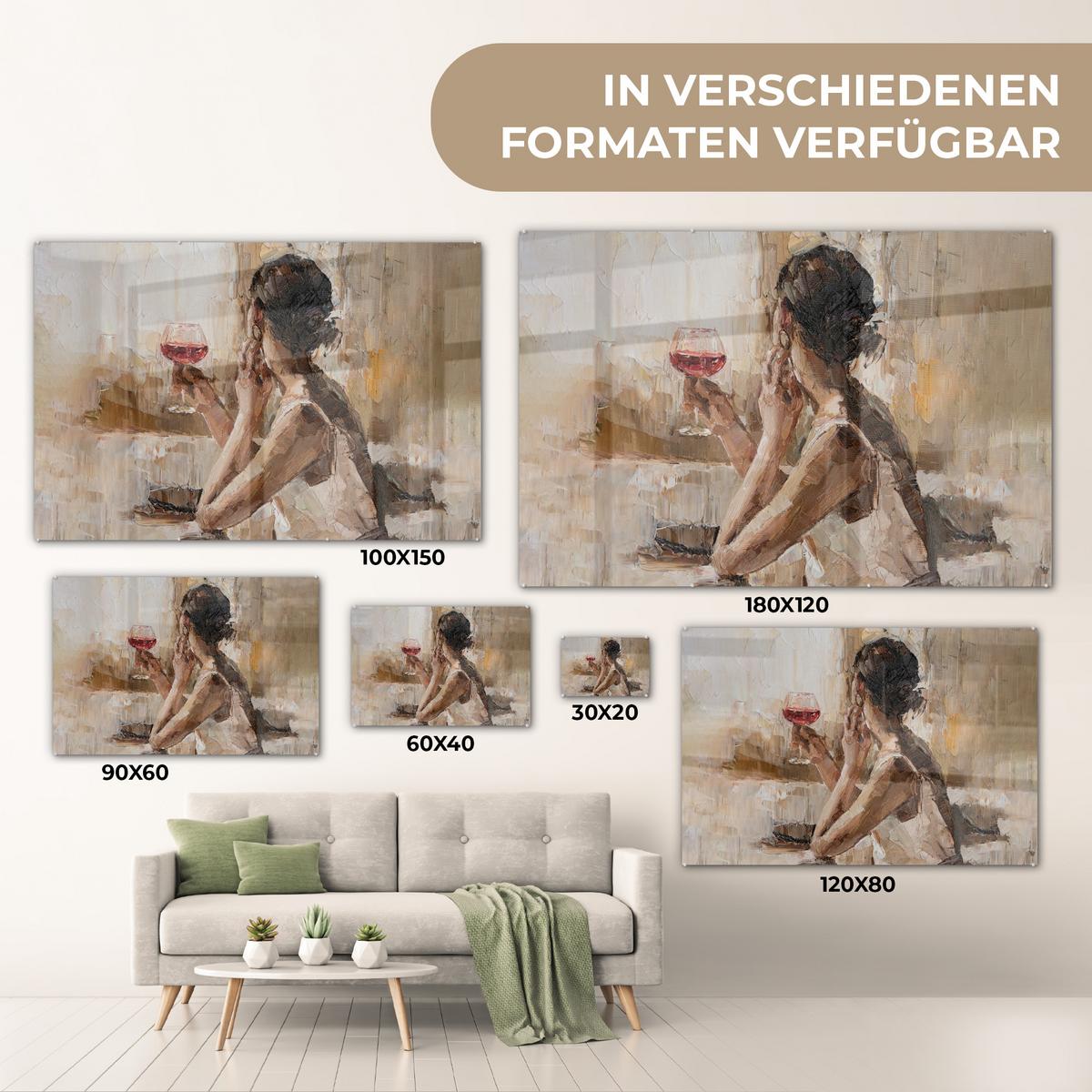 ACRYLGLASBILD Ölgemälde - Frau - Wein Wandbild Schlafzimmer 120x80 cm - Hellbraun, Glas (120/80cm) - MuchoWow