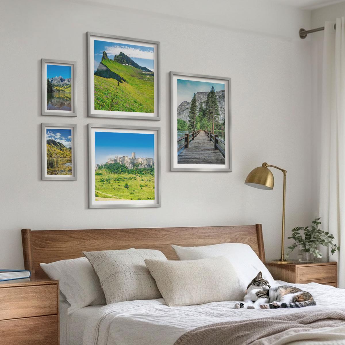 BILDER SET 5er Set - 50x50 cm & 20x30 cm & 40x60 cm Silberner Rahmen - Wasserfälle, Berge, Wolken, Herbst - Silberfarben, Kunststoff (40/60cm) - TULUP