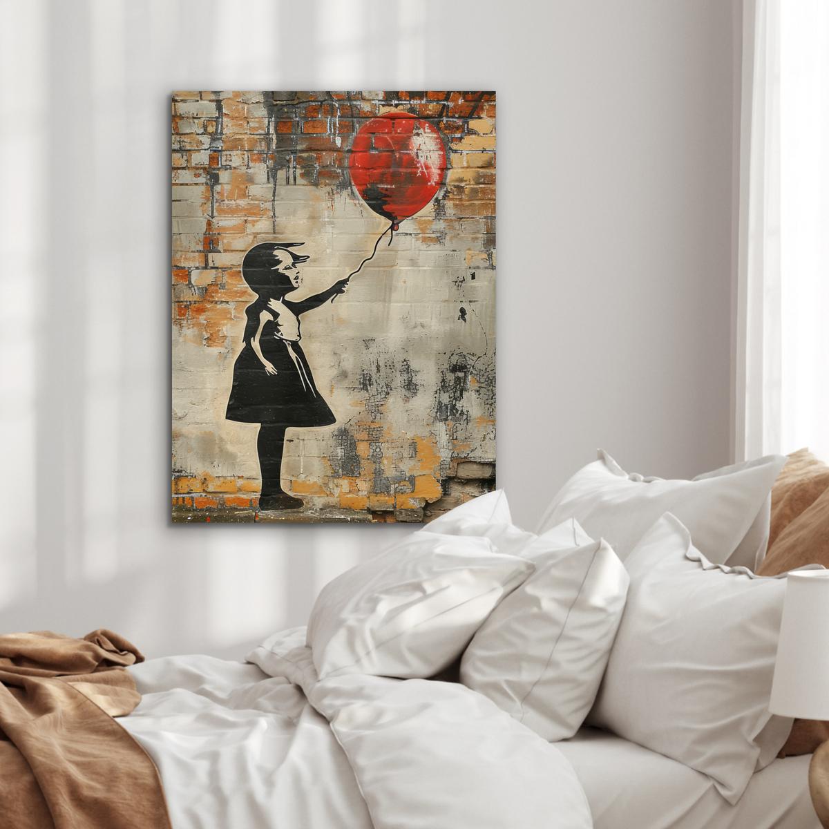 METALLBILD Graffiti - Banksy - Mädchen - Straßenkunst 60x80 cm - Sandfarben, Metall (60/80cm) - MuchoWow