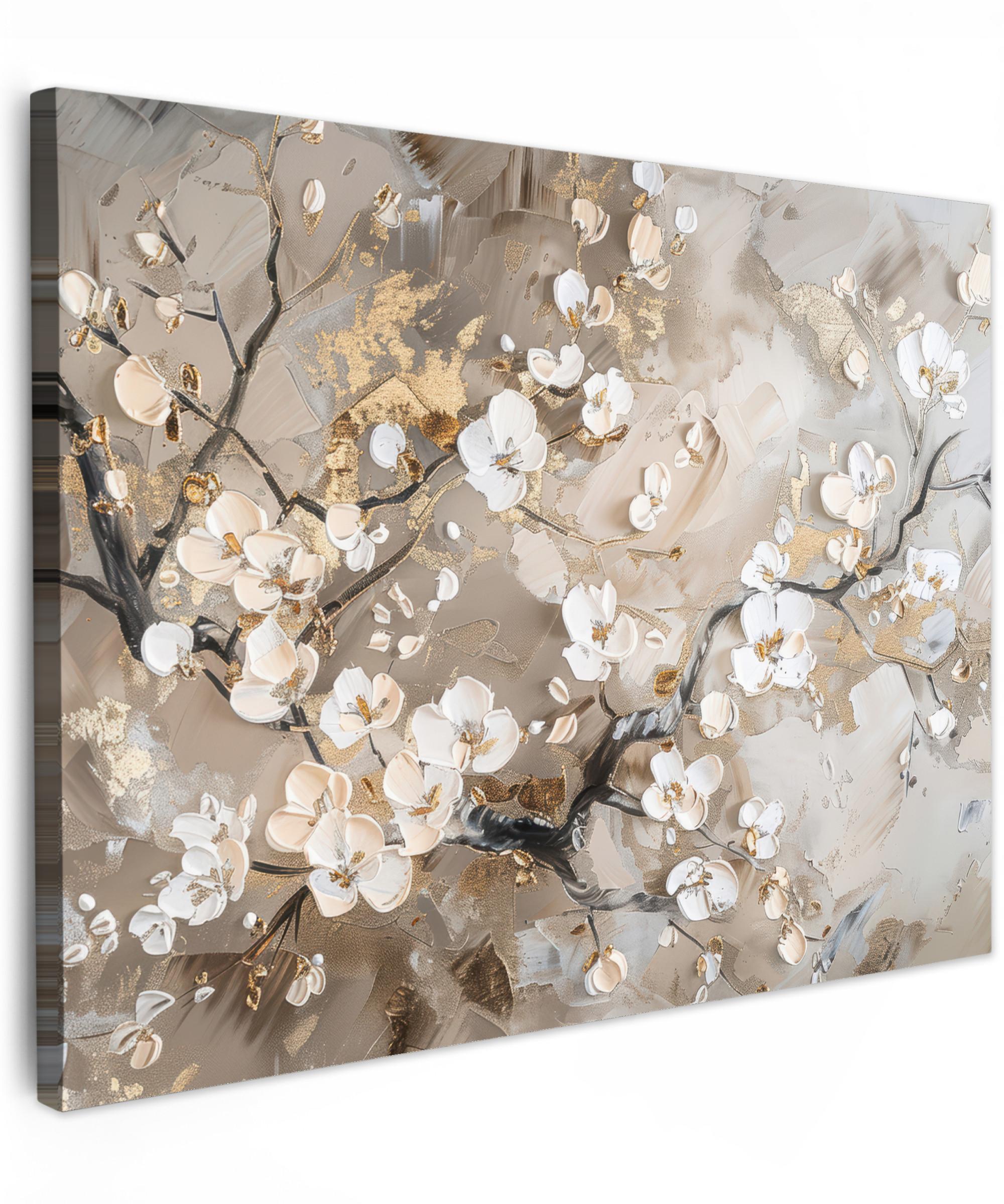 LEINWANDBILD Blumen - Weiß - Gold - Beige - Luxus Wandbilder 80x60 cm - Greige, Textil (80/60cm) - MuchoWow