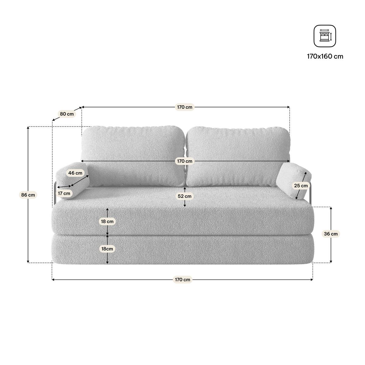 BETTSOFA NIKSI aus Schaumstoff Bucle-Stoff Hellgrau Schlaffunktion - Hellgrau, Textil (170/86/80cm) - MASSENO