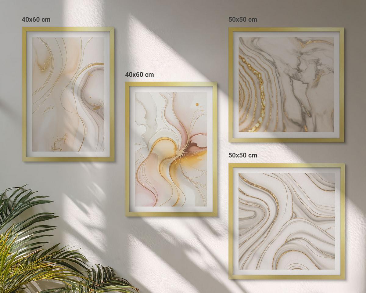 BILDER SET 4er Set - 50x50 cm & 40x60 cm Goldrahmen - Abstrakte warme Muster - Goldfarben, Kunststoff (50/50cm) - TULUP