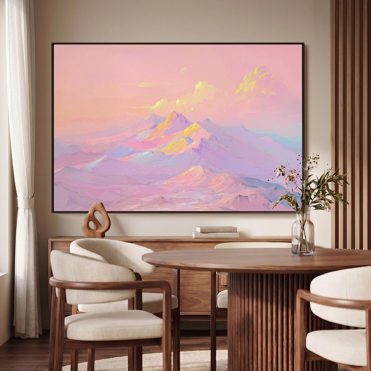 LEINWAND Bilder mit Rahmen - Berggipfel - Wolken - Verträumt - 120x80 - Hellrosa, Textil (120/80cm) - MuchoWow