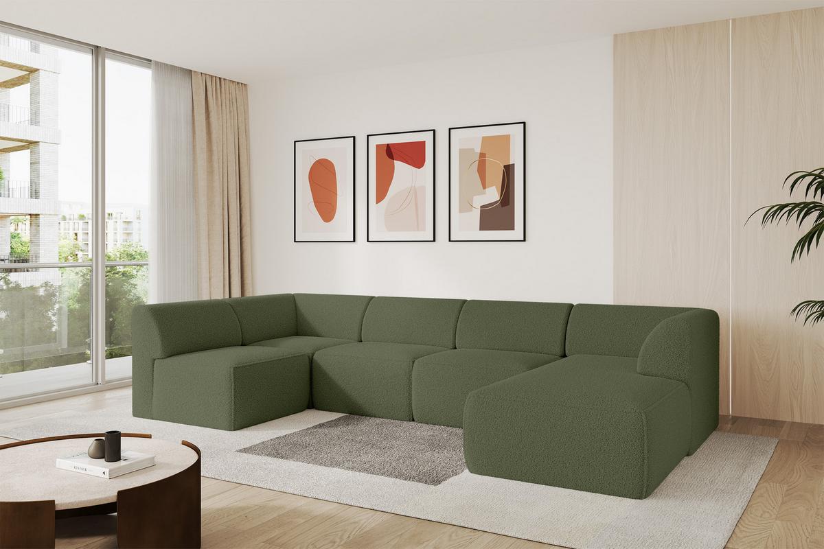 WOHNLANDSCHAFT Ottomane Rechts MOVO-L 345x180x78 cm Grün Bouclé - Dunkelgrün, Holzwerkstoff/Kunststoff (180/78/345cm) - ALTDECOR