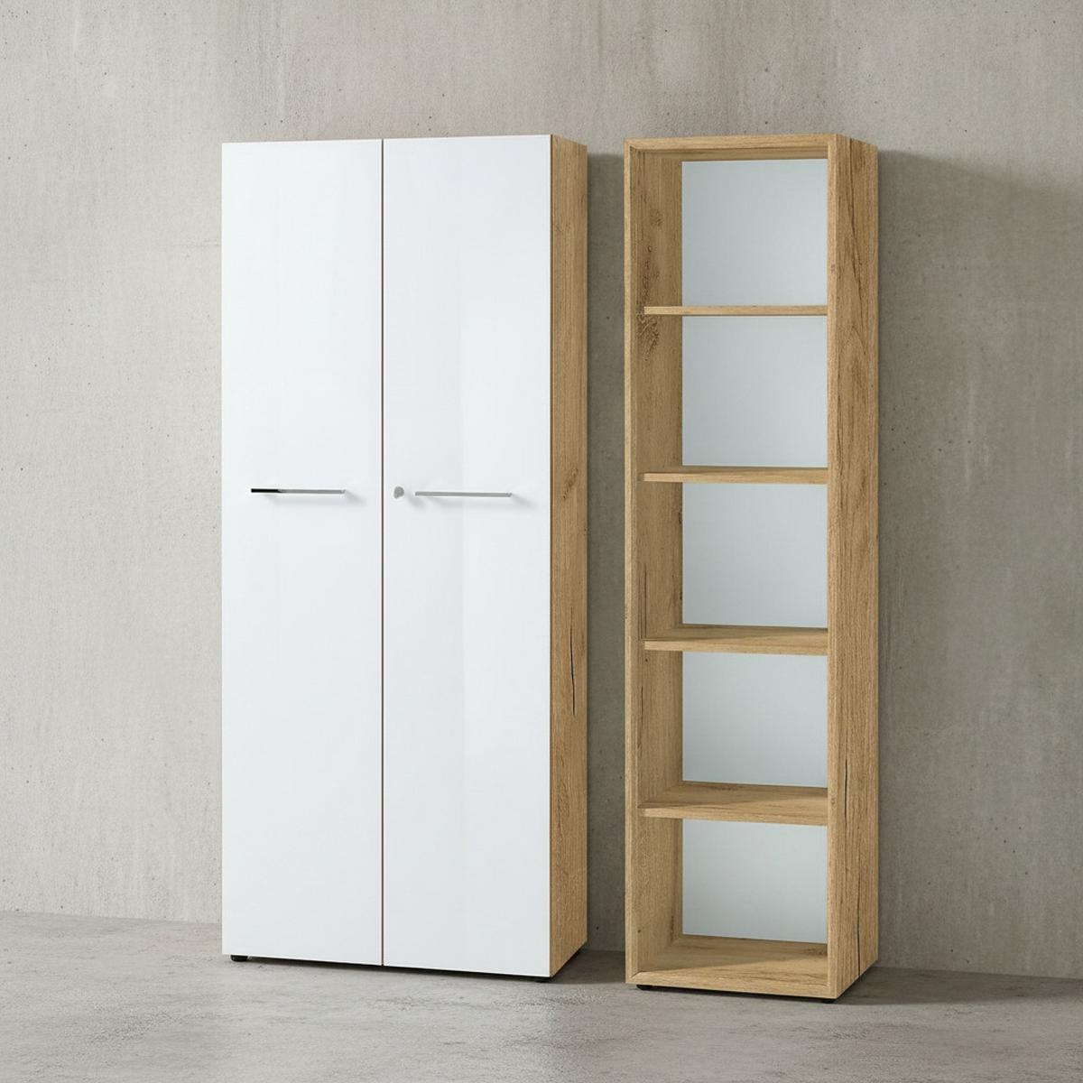 BÜRO-SET MUENCHEN 2-teilig | Schrank & Regal 5 OH | Glas Front & Abschließbar | Chalet-Eiche-Nb./Weiß - Weiß/Braun, Holzwerkstoff/Metall (145/196/37cm) - KADIMA DESIGN