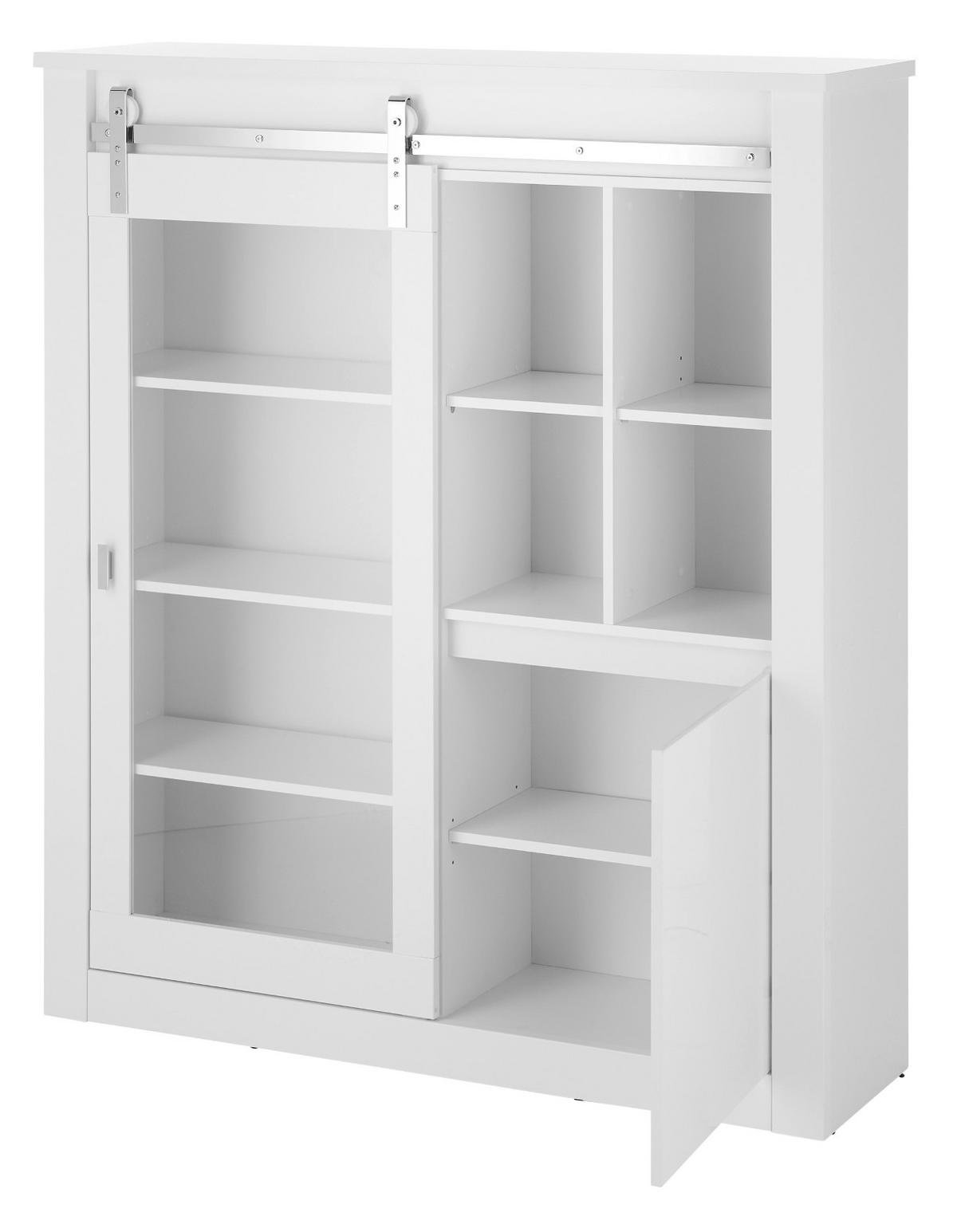 VITRINE weiß Hochglanz 133 x 153 cm, Vitrinenschrank inklusive LED-Beleuchtung, Soft-Close - Chromfarben/Weiß Hochglanz, Glas/Holzwerkstoff (133/153/38cm) - Furn.Design