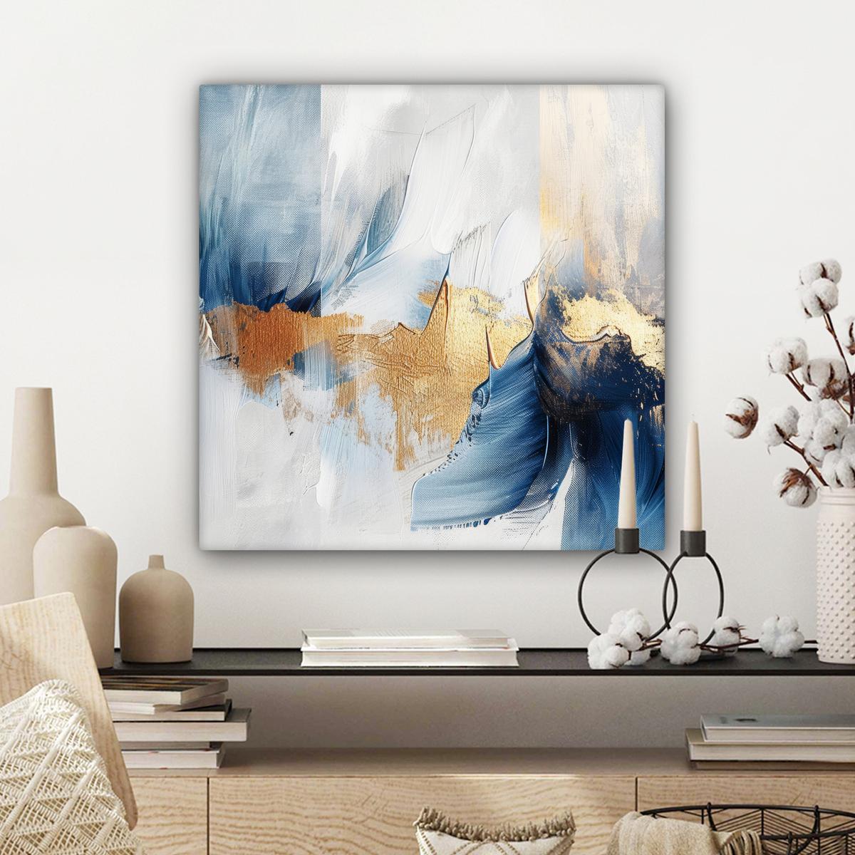 LEINWANDBILD Gold - Blau - Aquarell - Kunst - Modern Wandbild Wohnzimmer 50x50 cm - Hellblau, Textil (50/50cm) - MuchoWow
