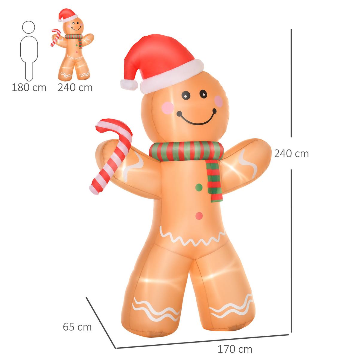 AUFBLASBARER Lebkuchenmann Weihnachtsdekoration 2,4 m mit Lichtern Polyester - Gelb, Kunststoff (65/240/170cm) - HOMCOM