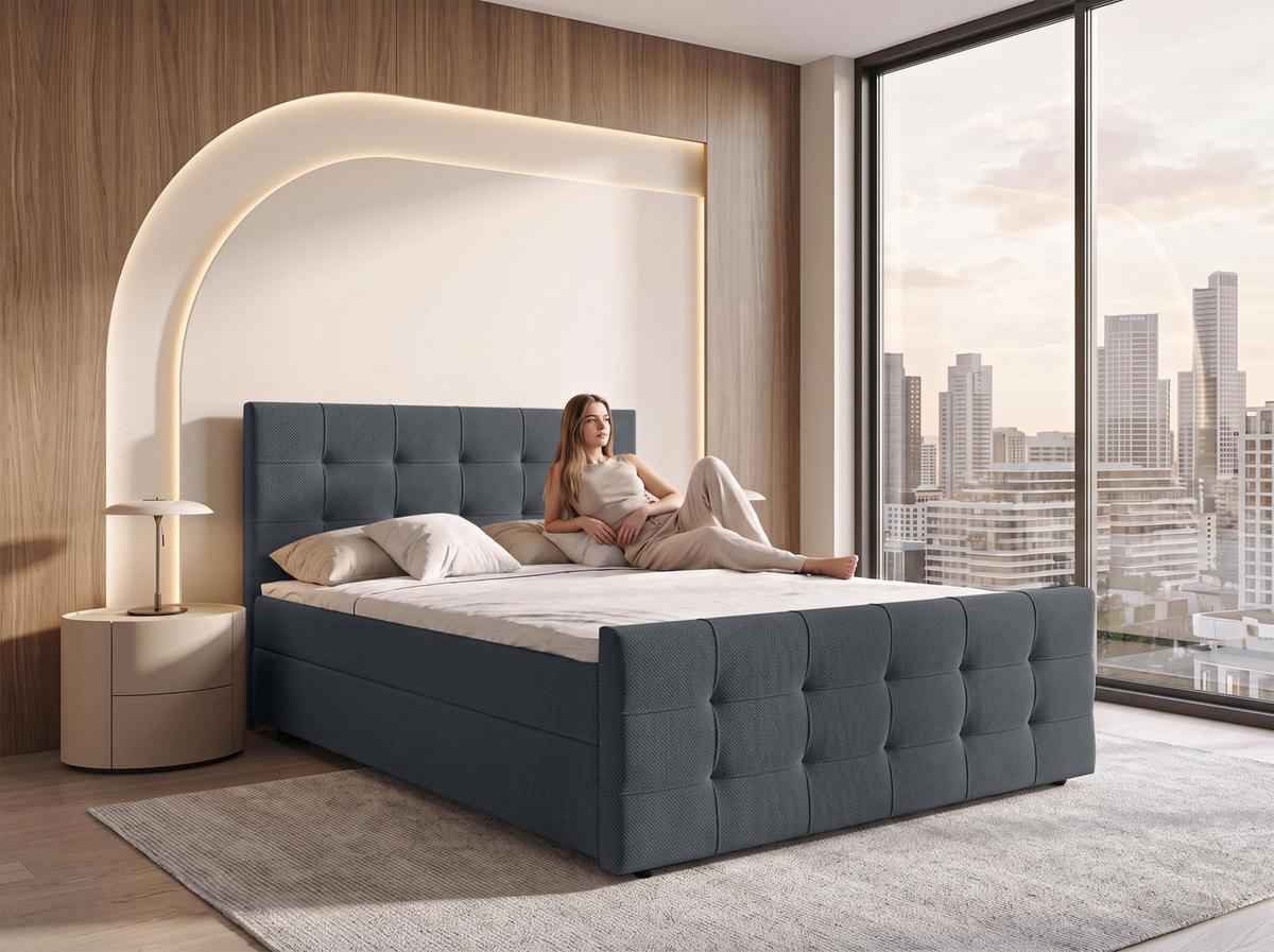 BOXBETT DEFNE 140x200 cm mit Fußteil und Matratze - Dunkelgrau + TOPPER - Dunkelgrau/Schwarz, Holz/Holzwerkstoff (140/200cm) - AX Living