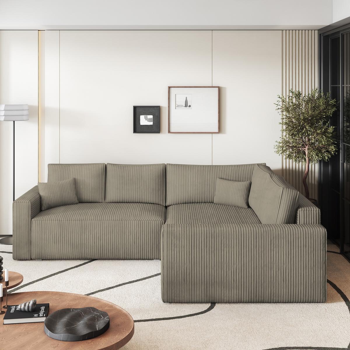 ECKSOFA ERONIS R-S Beige Kordstoff mit Schlaffunktion - Beige, Holz (265/194cm) - MASSENO