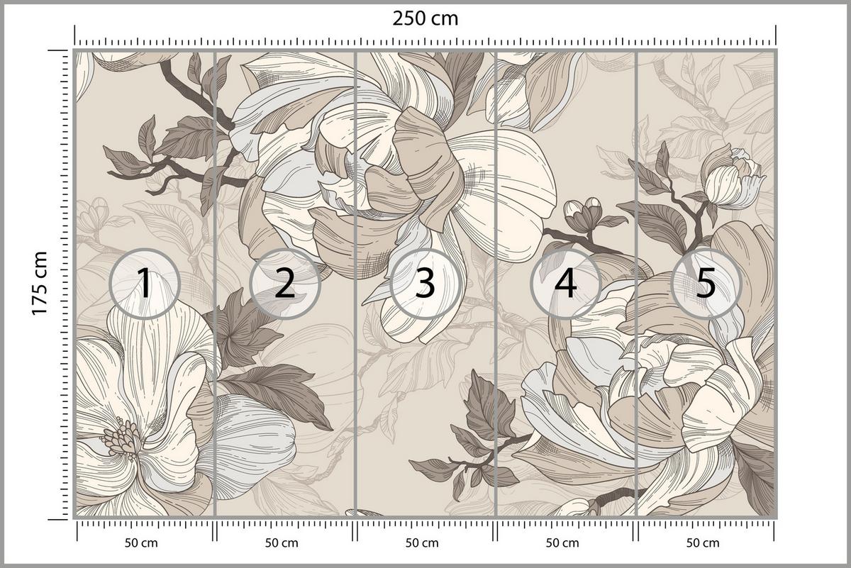 FOTOTAPETE für Wohnzimmer Natur Große Blüten Blätter Pflanzen 250x175 - Beige/Creme, Papier (250/175cm) - Muralo