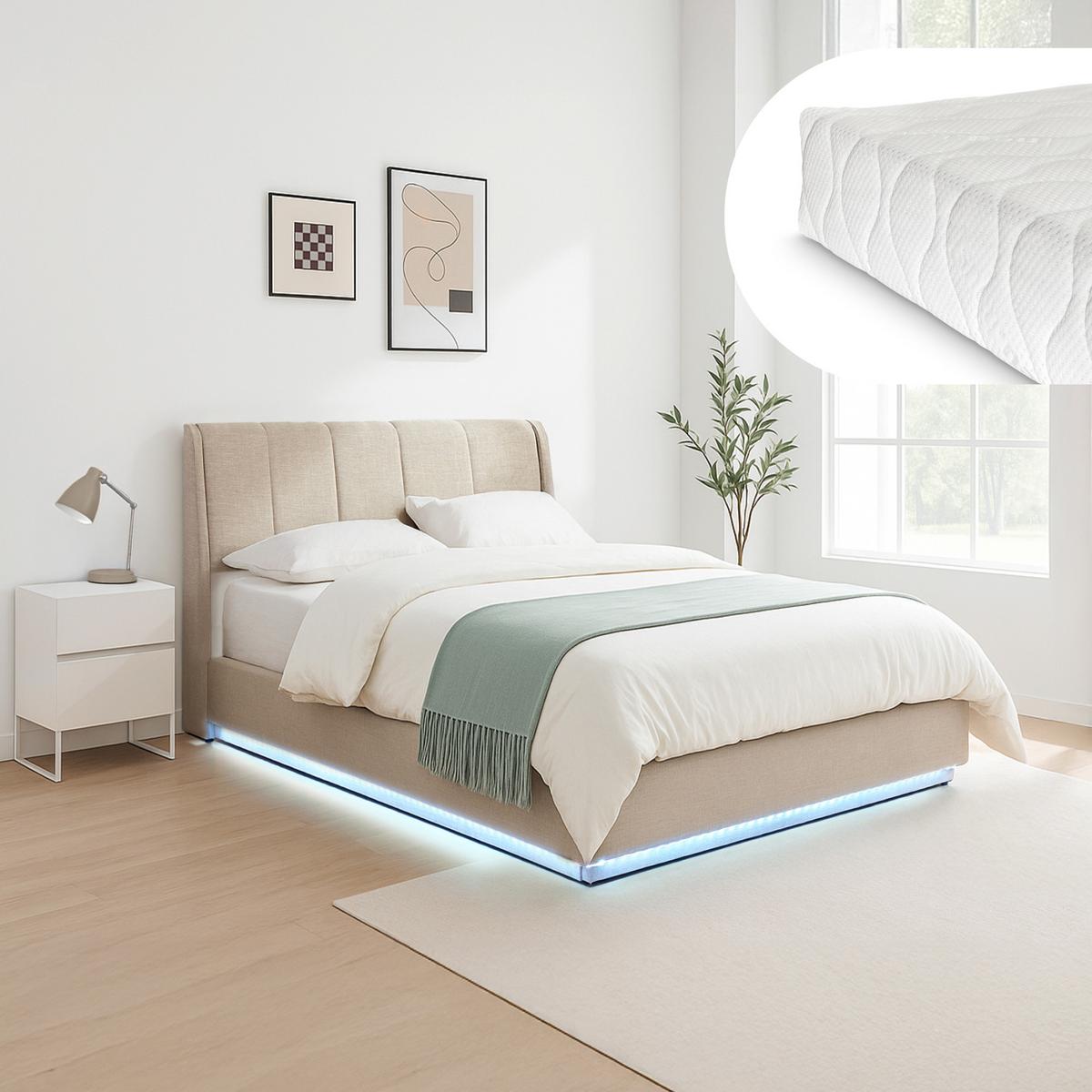 LED POLSTERBETT Tröstiar mit Matratze - Beige, Holzwerkstoff/Kunststoff (140/200cm) - [en.casa]